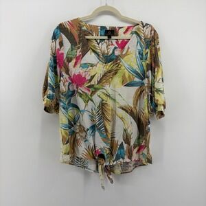 JM Collection Womens Multicolor Tropical Leaf Print Tie Front 3/4 Sleeve Top M